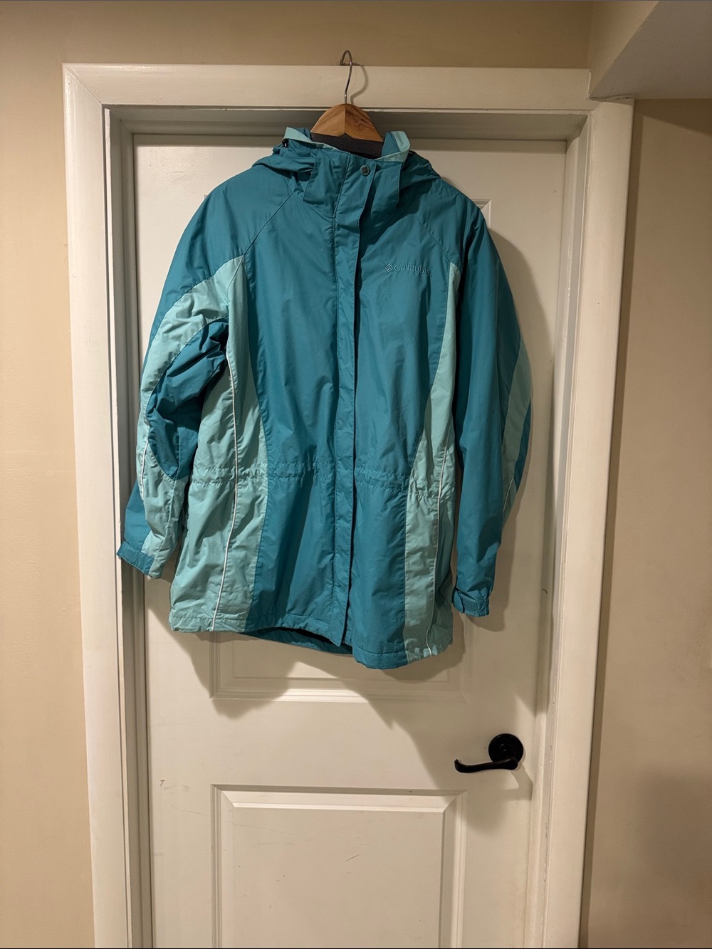 Women's Teal Two-Tone Waterproof Rain Jacket with Hood